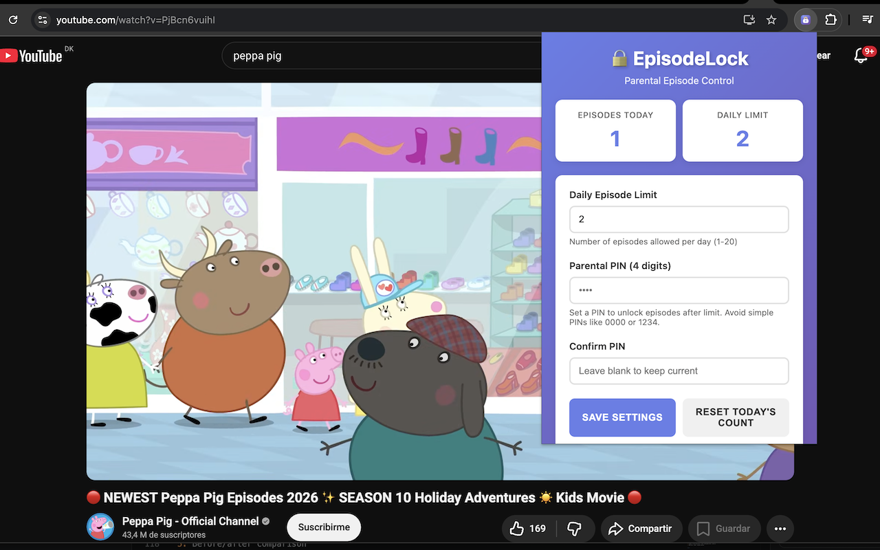 EpisodeLock options panel displayed over a streaming page