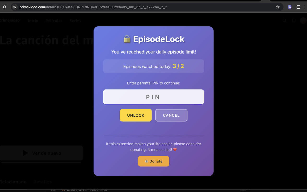 EpisodeLock limit reached modal showing the child watched more episodes than allowed