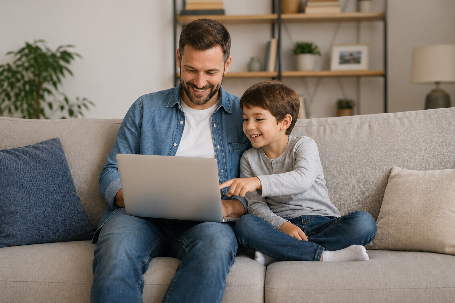 Parent and children relaxing together on a couch watching TV